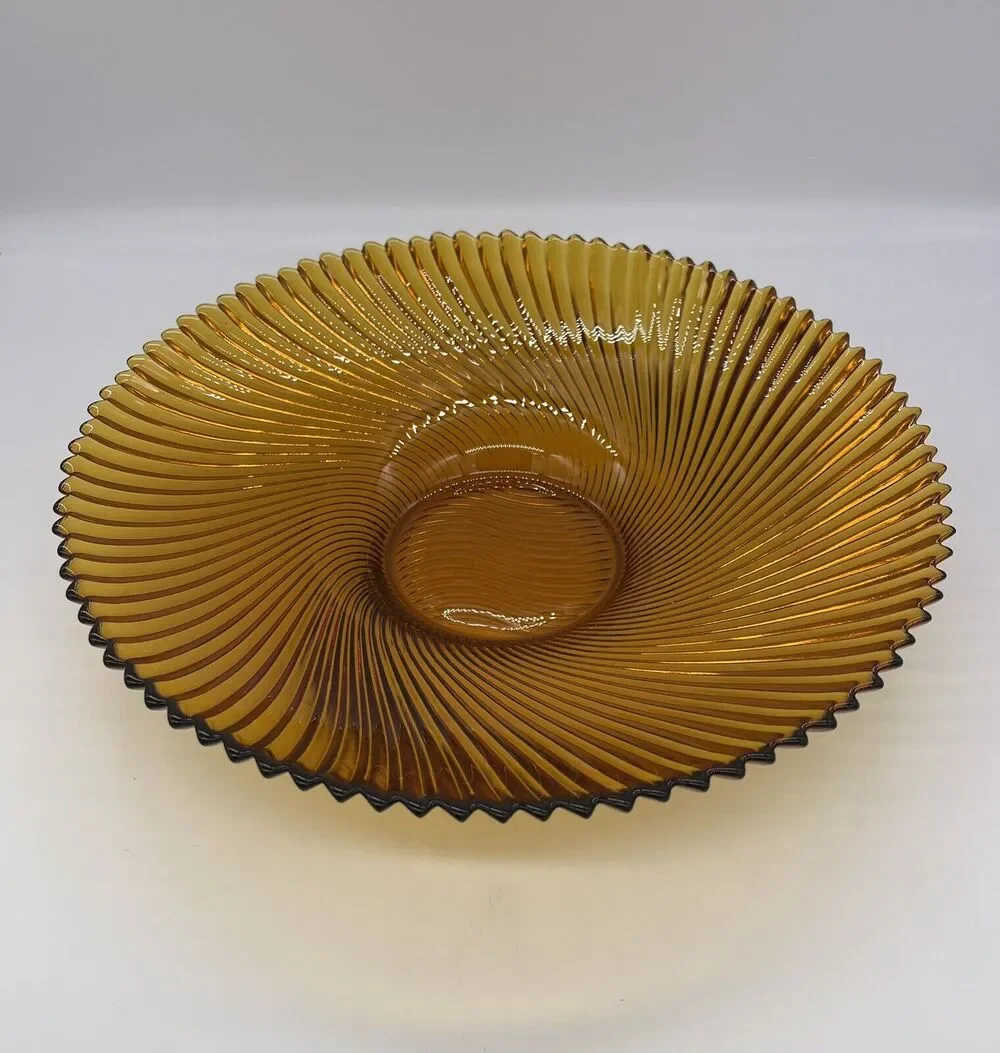Vintage Large Amber Glass Optic Swirl Ribbed Bowl 11.5” France